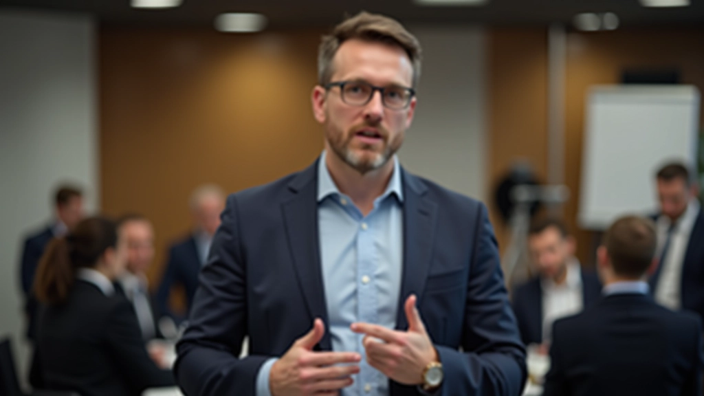 Persoon spreekt in kleine groep, geconcentreerde houding, informeel kantoor