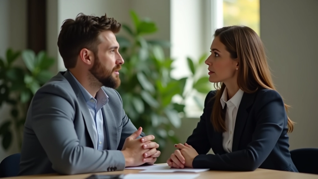 Man en vrouw voeren moeilijk gesprek respectvol, kalme sfeer