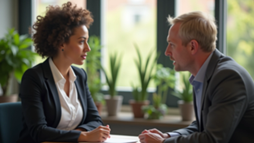 Twee mensen voeren respectvol en aandachtig een gesprek in moderne omgeving
