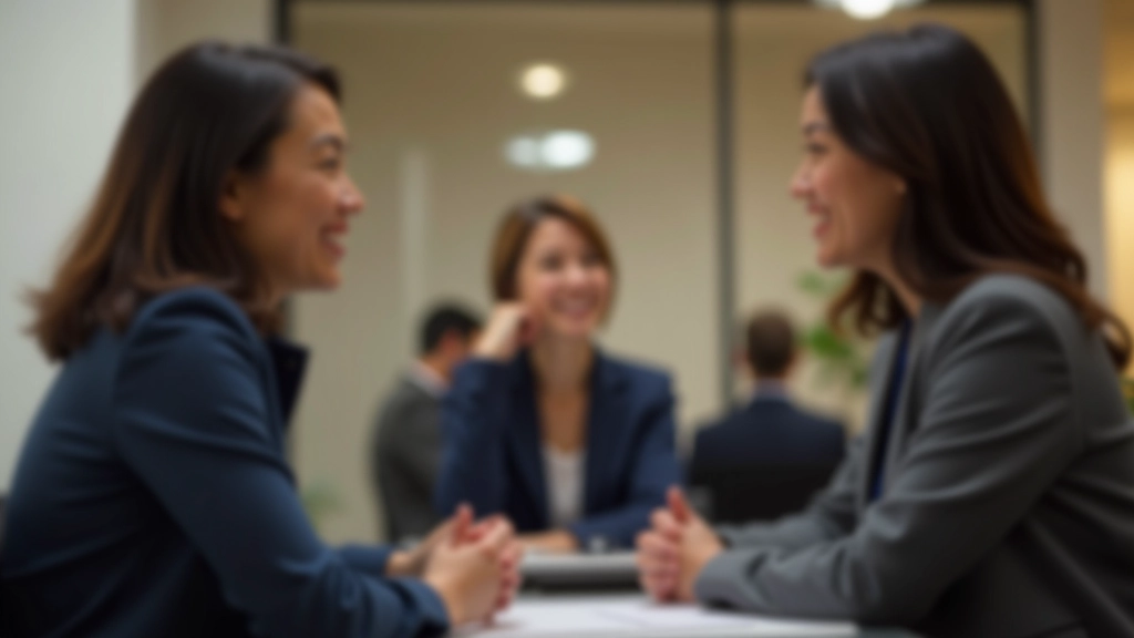 Twee personen in gesprek, vriendelijk gezichtsuitdrukking, kantoor achtergrond