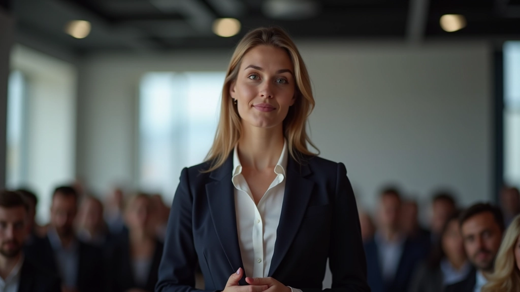 Vrouw staat op podium met zelfverzekerde houding, oog contact met publiek, professionele presentatie setting