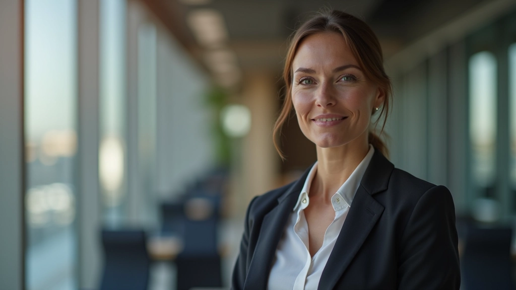 Vrouw in professionele kleding met zelfverzekerde houding, zittend aan bureau met notitieboek